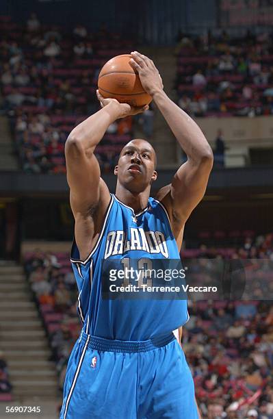 Dwight Howard of the Orlando Magic shoots a free throw against the New Jersey Nets on January 6, 2006 at the Continental Airlines Arena in East...