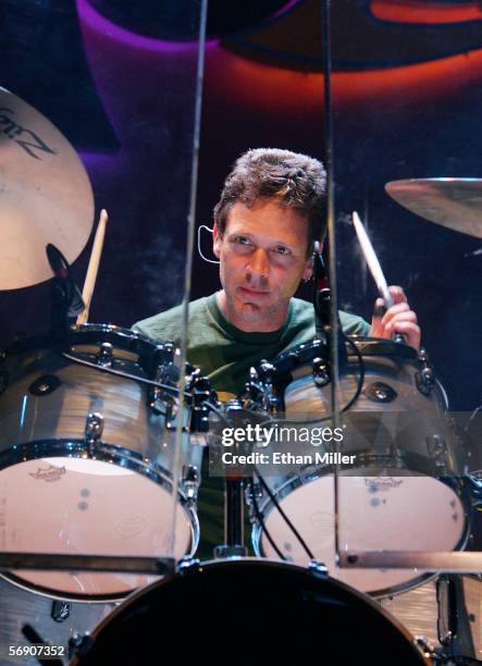 Goo Goo Dolls drummer Mike Malinin performs during the MAGIC convention's opening night party at The Joint inside the Hard Rock Hotel & Casino...