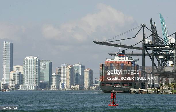 Cargo ship sits at the dock at the Port of Miami 22 February, 2006 in Miami, Florida. Miami's mayor, Carlos Alvarez demanded an investigation and a...