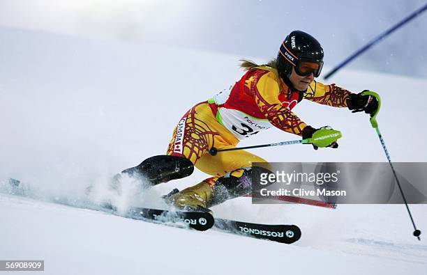 Brigitte Acton of Canada competes in the second run of the Womens Alpine Skiing Slalom Final on Day 12 of the 2006 Turin Winter Olympic Games on...