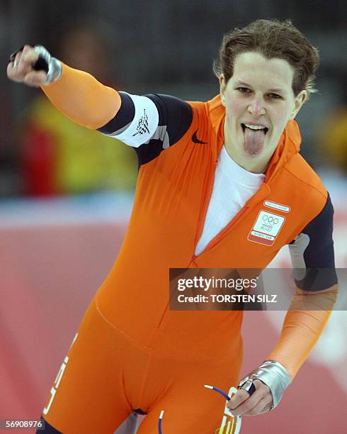 Ireen Wust of The Netherlands reacts after her race in the Ladies 1500M speed skating competition during the 2006 Winter Olympics 22 February 2006,...