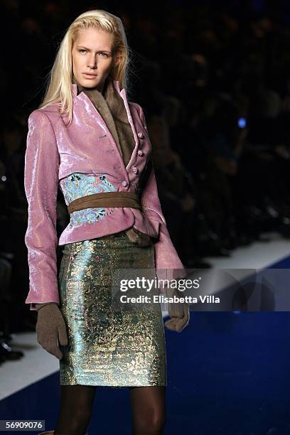 Model walks down the runway at Blumarine show on the fifth day of Milan Fashion Week ready-to-wear womenswear collections Autumn/Winter 2006/7 at...