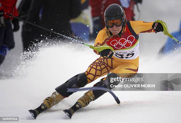 Brigitte Acton from Canada speeds over the course 22 February, 2006 during the Ladies Slalom 1st run in Sestriere Colle, Italy. Acton clocked 1:31.90...