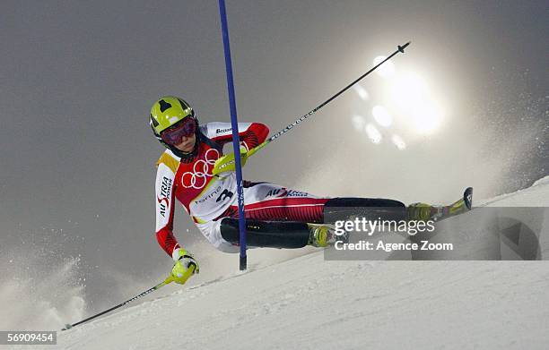 Nicole Hosp of Austria competes in the Womens Alpine Skiing Slalom Final on Day 12 of the 2006 Turin Winter Olympic Games on February 22, 2006 in...
