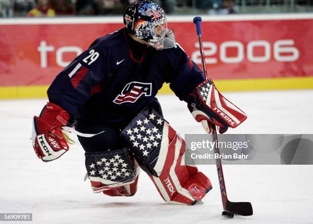 Goalkeeper Rick Dipietro of United States watches the play during the quarter final of the men's ice hockey match between Finland and the United...