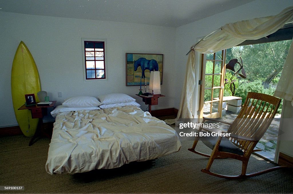 VW.House/bedroom.1.BG.28Aug95Ted Wells, Kota bed frame and quilted maple rocking chair by Randy Ba