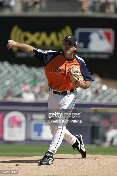July 10, 2005: Justin Verlander of Team USA pitches at the 2005 XM Satellite Radio All-Star Futures Game against the World Team at Comerica Park in...