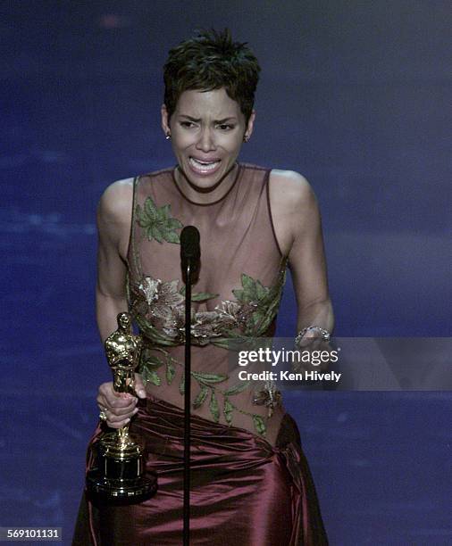 Halle Barry is the first African American actress to win the Best Actress award, for "Monster's Ball" at the 74th Annual Academy Awards at the Kodak...