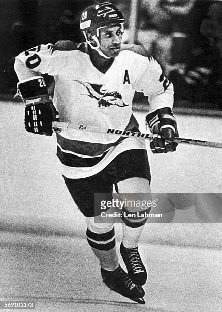 View of Canadian hockey player Willie O'Ree of the San Diego Hawks on the ice during a game in the 1978-1979 season....