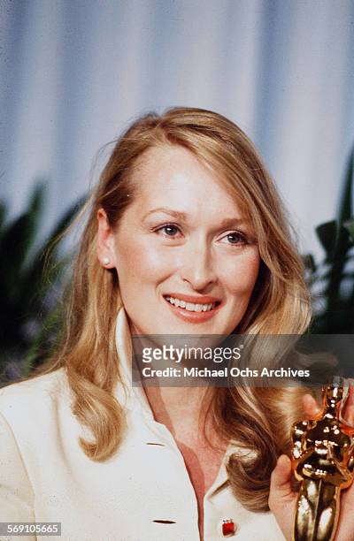 Actress Meryl Streep poses backstage after winning "Best Supporting Actress" during the 52nd Academy Awards at Dorothy Chandler Pavilion in Los...