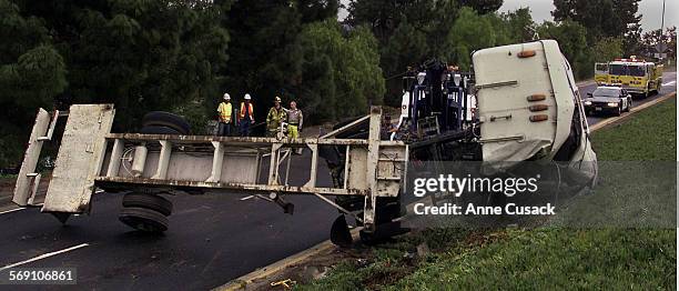 Big rig flipped on it's side on the northbound 101 off ramp at Moorpark Road in Thousand Oaks.A CHP officer on the scene said morning rain definitely...