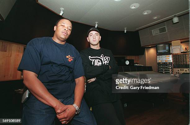 Rappers Dr. Dre and Eminem are photographed for Los Angeles Times on April 11, 2000 in Los Angeles, California. PUBLISHED IMAGE. CREDIT MUST READ:...