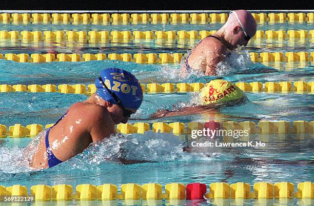 Final 50 meters of the women's 200m breaststroke with Staciana Stitts, Penny Heyns and Kristen Caverly. Heyns won the race at the Janet Evans...