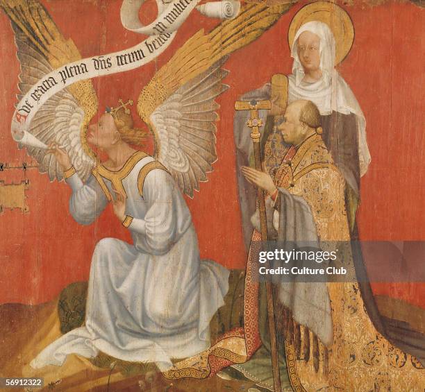 Panel from a diptych depicting the Angel of the Annunciation, the Donor and a Female Saint, possibly St. Mary Magdalene, c.1420