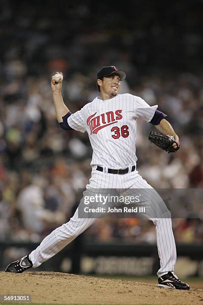 Joe Nathan of the Minnesota Twins pitches during the 76th All-Star Game at Comerica Park on July 12, 2005 in Detroit, Michigan. The American League...