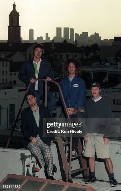 Rock band Lutefisk on the roof of the office of its record company, Bong Load Custom Records, in Hollywood. From left are Beale Dabbs, Brandon Jay...