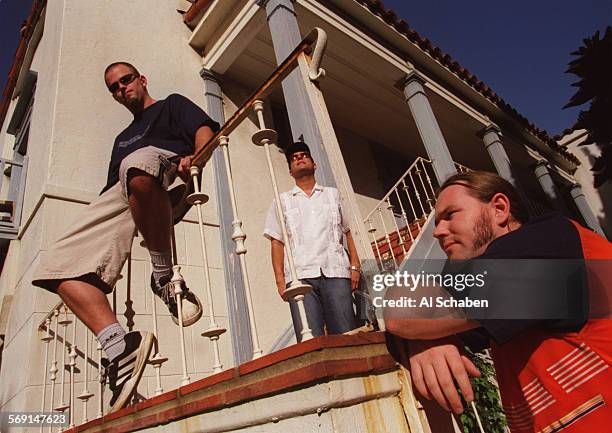 Cirrus.stairs.0919.ASLONG BEACHCirrus members from left: Aaron Carter, Rene Padilla, Stephen James Barry, are photographed outside a Long Beach...