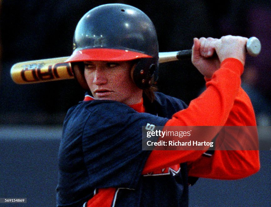 Cal State Fullerton's Jenny Topping eye the picher while batting during an NCAA softball game vs. UC