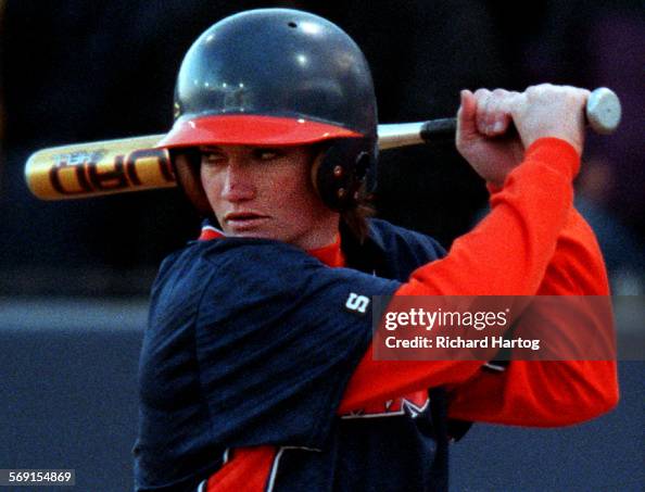 Cal State Fullerton's Jenny Topping eye the picher while batting ...