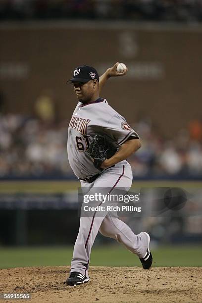 Livan Hernandez of the Washington Nationals pitches at the 2005 All-Star Game at Comerica Park on July 12, 2005 in Detroit, Michigan. The American...