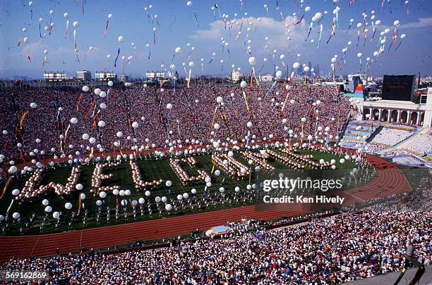 Scene at the Coliseum in Los Angeles during opening ceremonies of the Olympic Games.