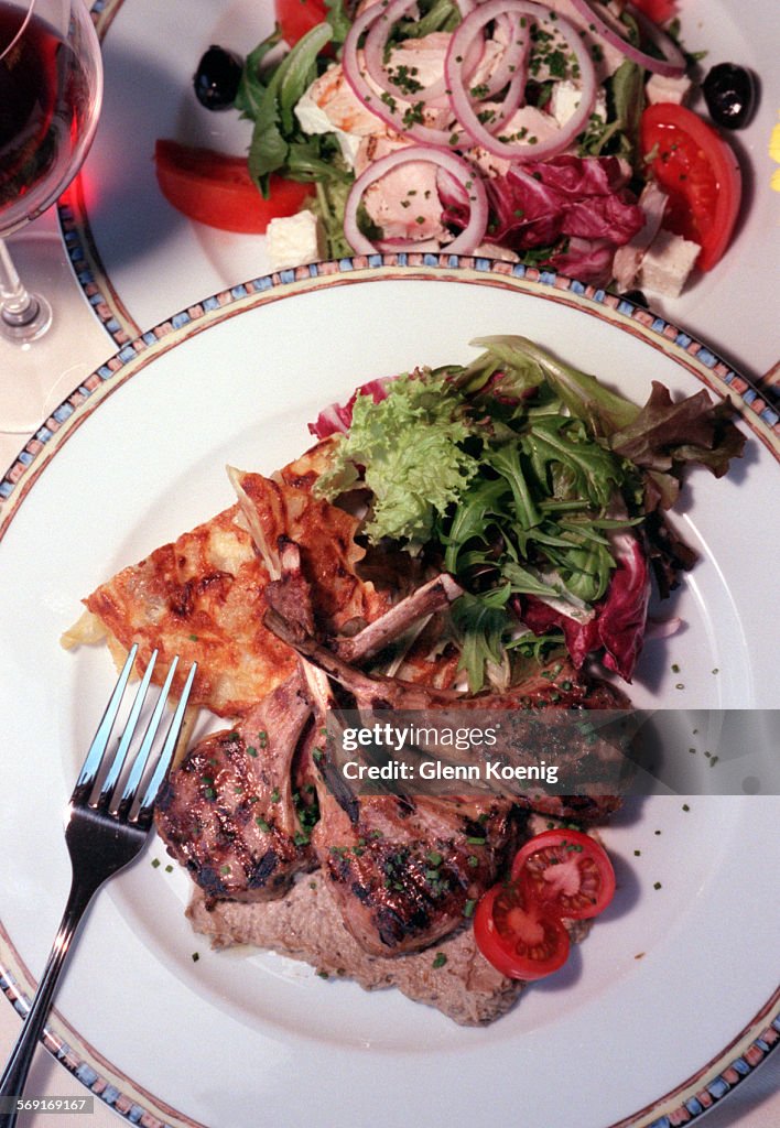 CA.Picayo/Char.1.0320.GKChargrilled lamb chops , with roasted eggplant puree , and the Greek Salad 