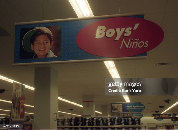 WalMart.4.0519.BY Merchandise signs in the Panorama City WalMart are in English and Espanol to help customers.