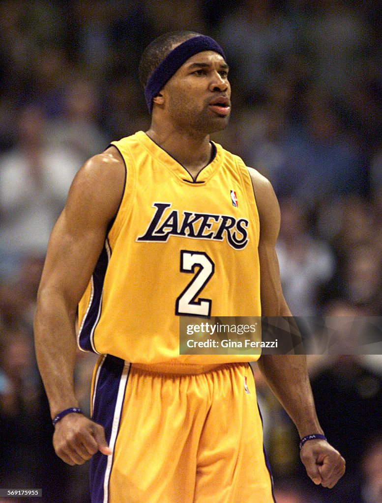 Laker guard Derek Fisher during a break in the action of first round playoff game against the Portla