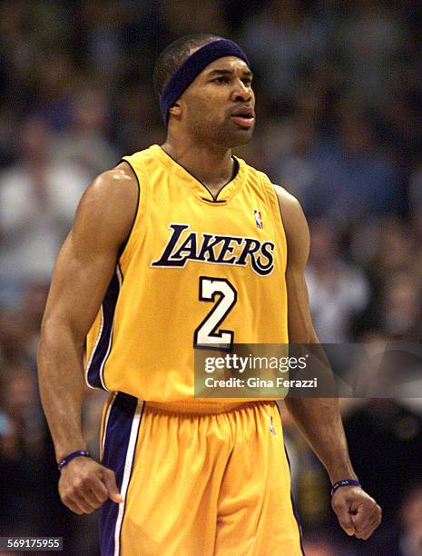 Laker guard Derek Fisher during a break in the action of first round playoff game against the Portland Trailblazers at Staples Center on Thursday,...