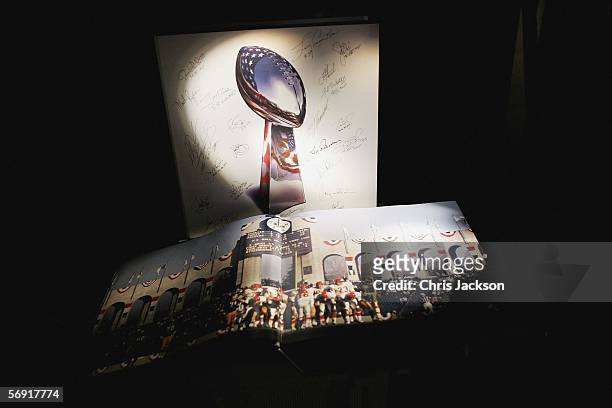 Signed copy of the 'XL: Forty Years of the Super Bowl' is seen at the Opus VIP launch party, launching Kraken Sport & Media publishing's latest...