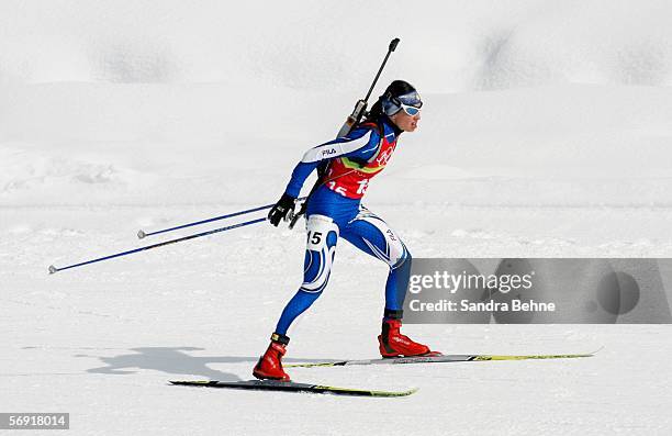 Michaela Ponza of Italy competes in the Womens Biathlon 4x6km Relay Final on Day 13 of the 2006 Turin Winter Olympic Games on February 23, 2006 in...