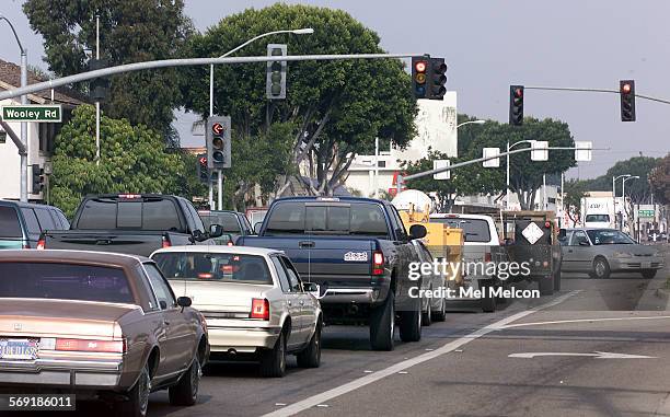 Motorists wait for signal to change while traveling north on Saviers Rd. At intersection of Wooley Rd. And Oxnard blvd in Oxnard.This intersection is...