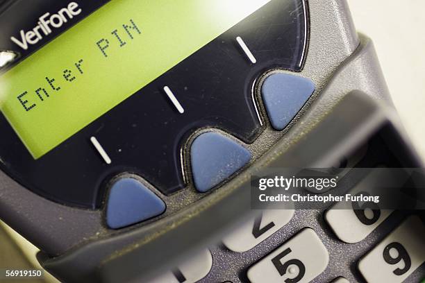 Chip and pin debit console is seen on 23 February in Manchester, England. In the wake of Britain's biggest cash robbery, taking at least GBP25...