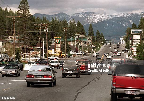 Sierra.#1.AS.62996.A Truckee, CA. Traffic choked Donner Pass Road through the Sierra Nevada town of Truckee with Mount Rose in background. Photo AL...