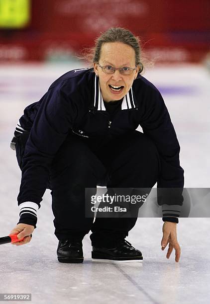 Dordi Nordby of Norway looks on during the bronze medal match of the women's curling between Norway and Canada during Day 13 of the Turin 2006 Winter...