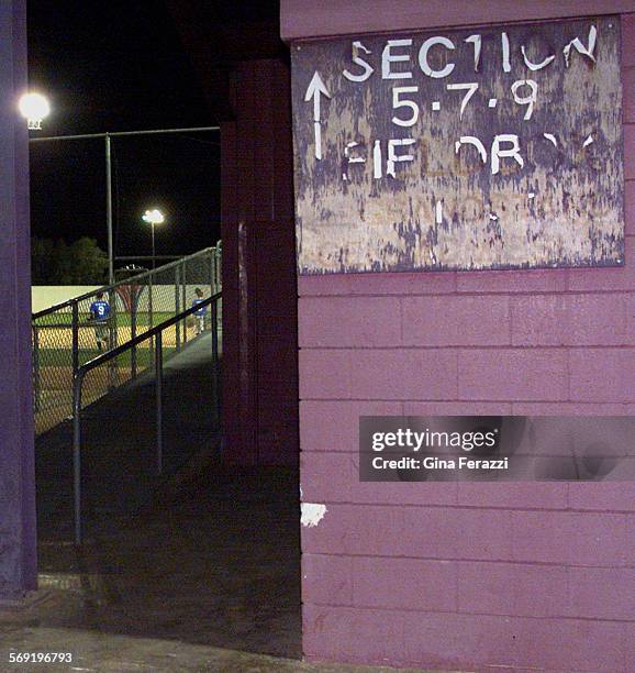 Tattered and weathered sign is all that remains as a reminder of the Angels old spring training stadium in downtown Palm Springs.@@ digital image@@