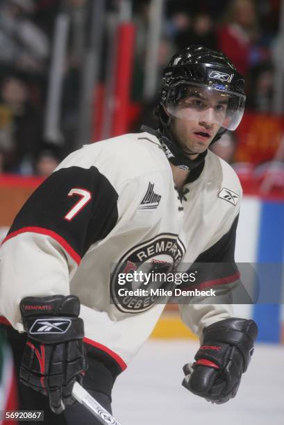 Angelo Esposito of the Quebec Remparts skates against the Halifax Mooseheads on February 18, 2006 at the Halifax Metro Centre in Halifax, Nova...