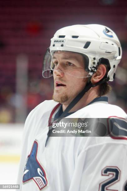 Matt Cooke of the Vancouver Canucks looks on during the game against the New Jersey Devils at the Continental Airlines Arena on January 13, 2006 in...