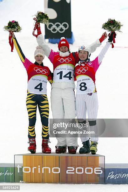 Gold Medal winner Daniela Meuli of Switzerland, Silver Medal winner Amelie Kober of Germany, and Bronze Medal winner Rosey Fletcher of the United...