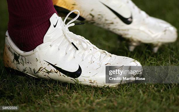 The new boot of Rafael van der Vaart is seen during the UEFA Cup round of 32 second leg match between Hamburger SV and FC Thun at the AOL Arena on...