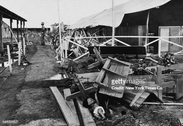 View of the partially collapsed main pavillion in the Jonestown compound, Guyana, November 28, 1978. The site was host to a mass suicide led by the...