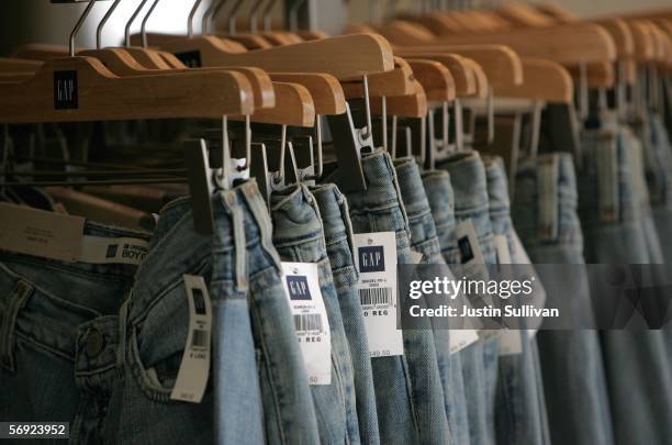 Jeans hang from a rack at a Gap store February 23, 2006 in San Francisco, California. San Francisco Gap. Inc., the nation's largest clothing...