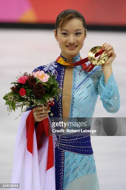 Shizuka Arakawa of Japan wins the gold medal in the women's Free Skating program of figure skating during Day 13 of the Turin 2006 Winter Olympic...