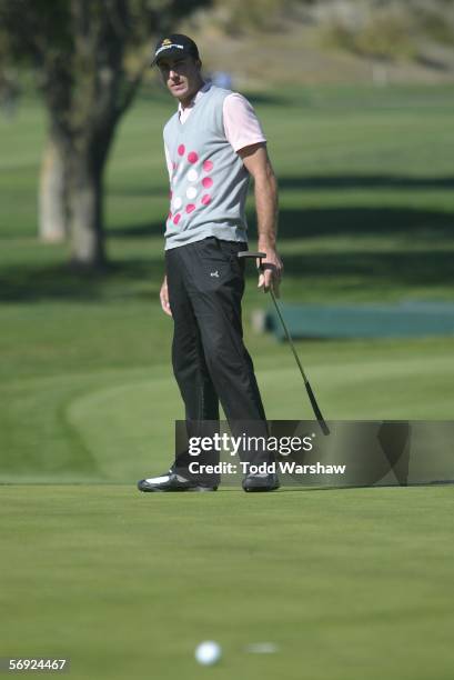 Geoff Ogilvy reacts to missing a long putt on the 14th hole during the second round of the Accenture Match Play Championship February 23, 2006 at the...