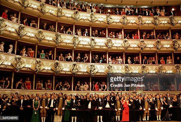 Guests watch the opening ceremony at the annual "Vienna Opera Ball" at the Vienna State Opera on February 23, 2006 in Vienna, Austria. This major...