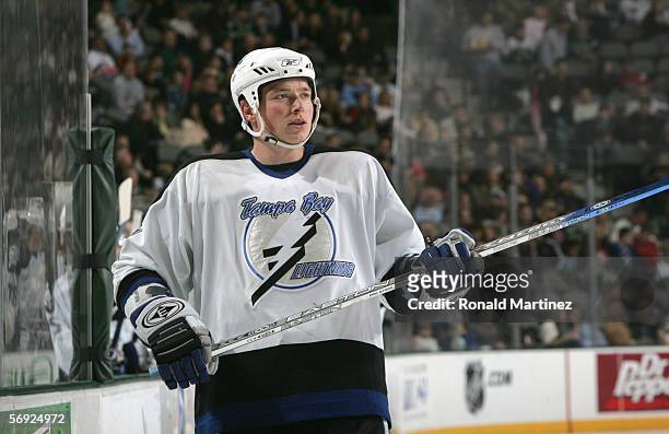 Ruslan Fedotenko of the Tampa Bay Lightning looks on during the game against the Dallas Stars on January 20, 2006 at the American Airlines Center in...