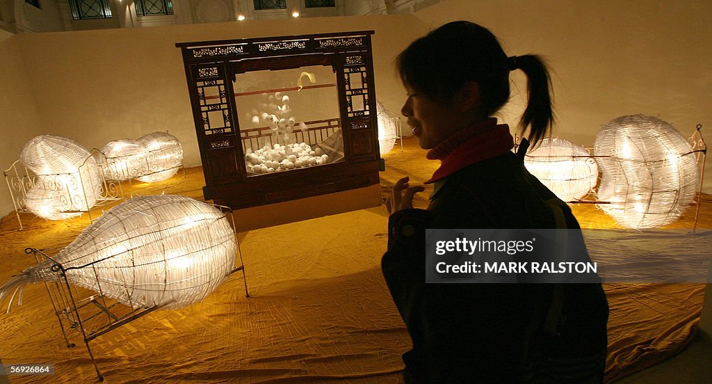 A woman views a work by the formerly ban
