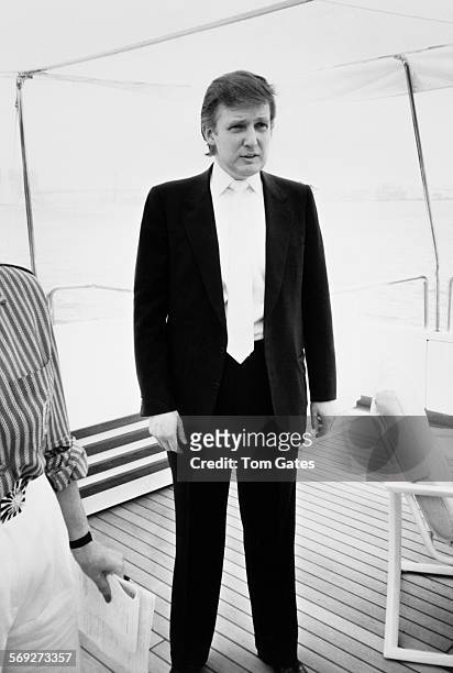 American real estate magnate Donald Trump at a press preview of his newly refurbished 85-metre motor yacht, Trump Princess, which is moored opposite...