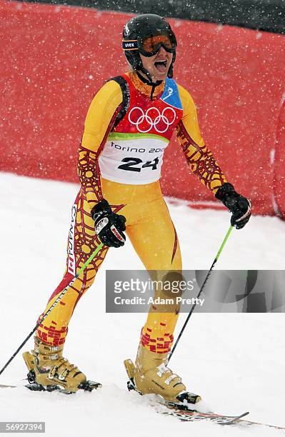 Brigitte Acton of Canada reacts after her second run of the Final of the Womens Alpine Skiing Giant Slalom on Day 14 of the 2006 Turin Winter Olympic...
