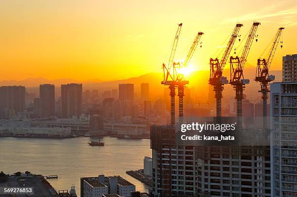 harumi, tokyo, evening view 2015 - tsukishima tokio stockfoto's en -beelden